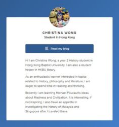 Student Assistant - Christina Wong
<br>
<a href="https://about.me/nokman" target="_blank" rel="noopener noreferrer">About me</a> Student Assistant - Christina Wong