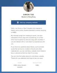 Student Assistant - Simon Tse
<br>
<a href="https://about.me/simontse" target="_blank" rel="noopener noreferrer">About me</a> Student Assistant - Simon Tse