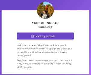 Student Assistant - Charlene Lau
<br>
<a href="https://about.me/yuetching" target="_blank" rel="noopener noreferrer">About me</a> Student Assistant - Charlene Lau