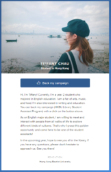 Student Assistant - Tiffany Chau
<br>
<a href="https://about.me/tiffanychau" target="_blank" rel="noopener noreferrer">About me</a> Student Assistant - Tiffany Chau